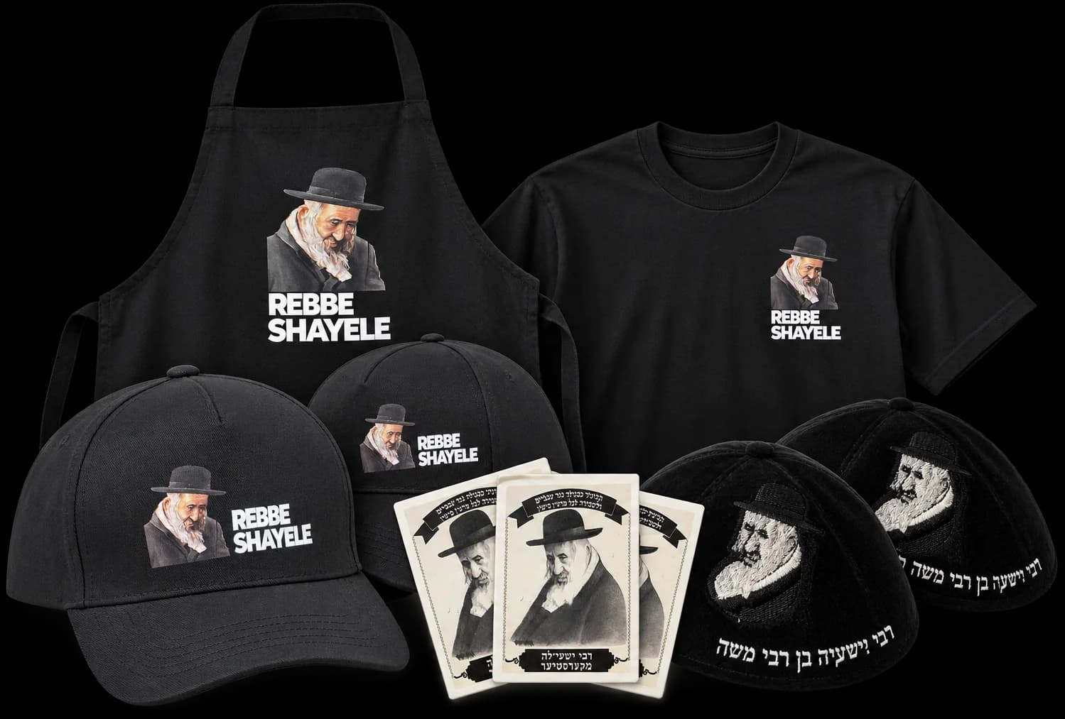 Le matériel du kit de démarrage : tablier, t-shirt, casquettes, casquettes brodées et cartes, tous au portrait du Rav.